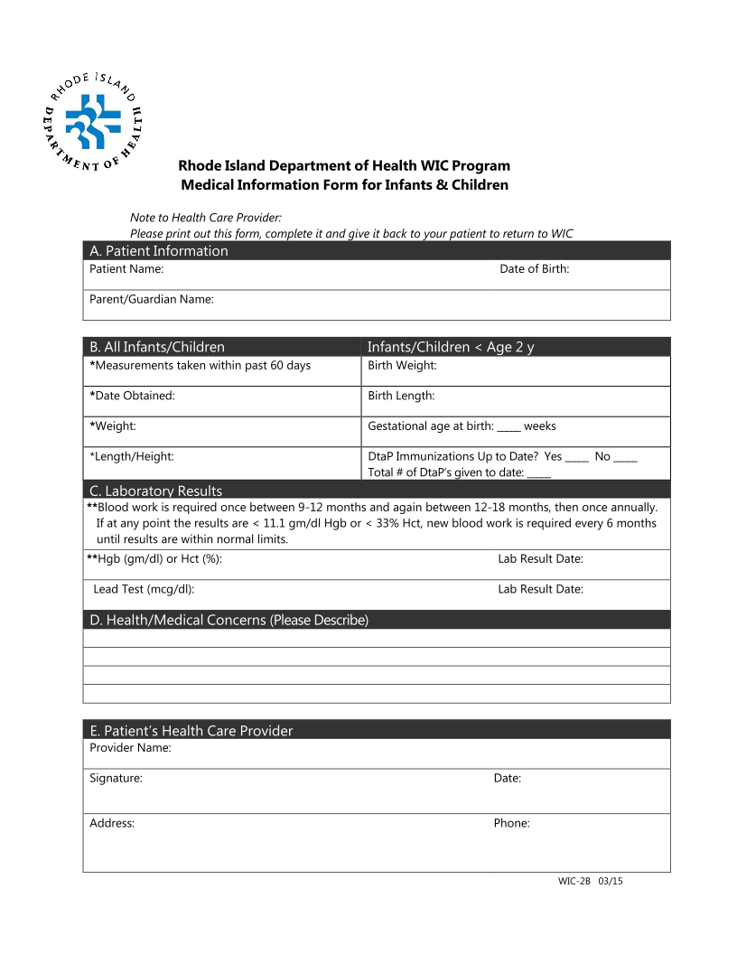 Medical Information Form for Infants/Children