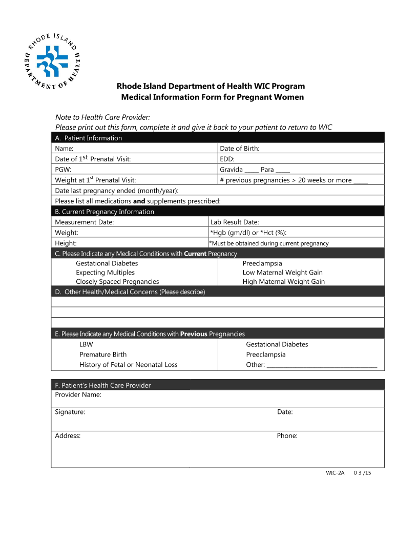 Medical Information Form for Pregnant Women
