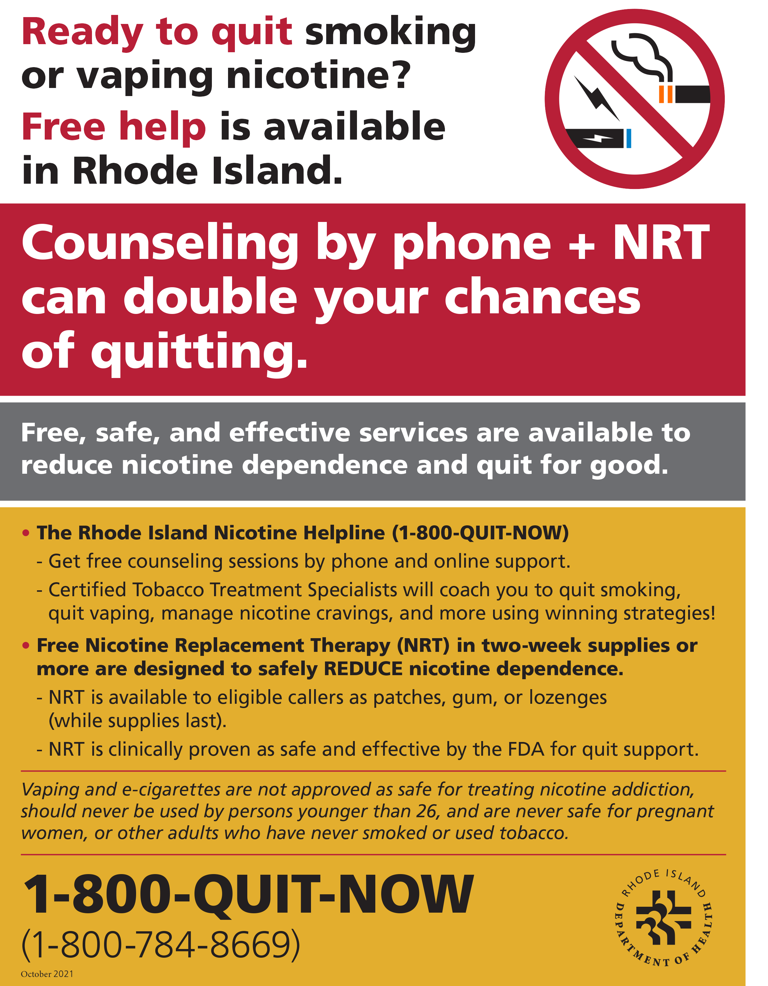 Rhode Island Nicotine Helpline Promotional Flyer (Available as online PDF only to download.)