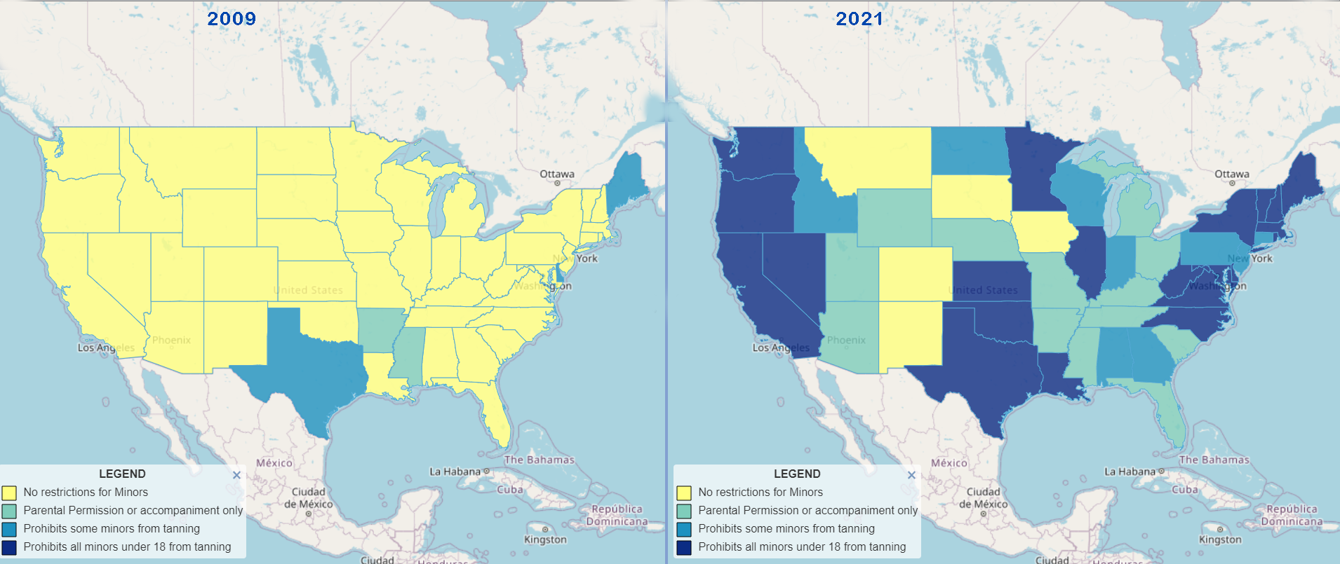 2009 - 2021 Tanning Restrictions by States