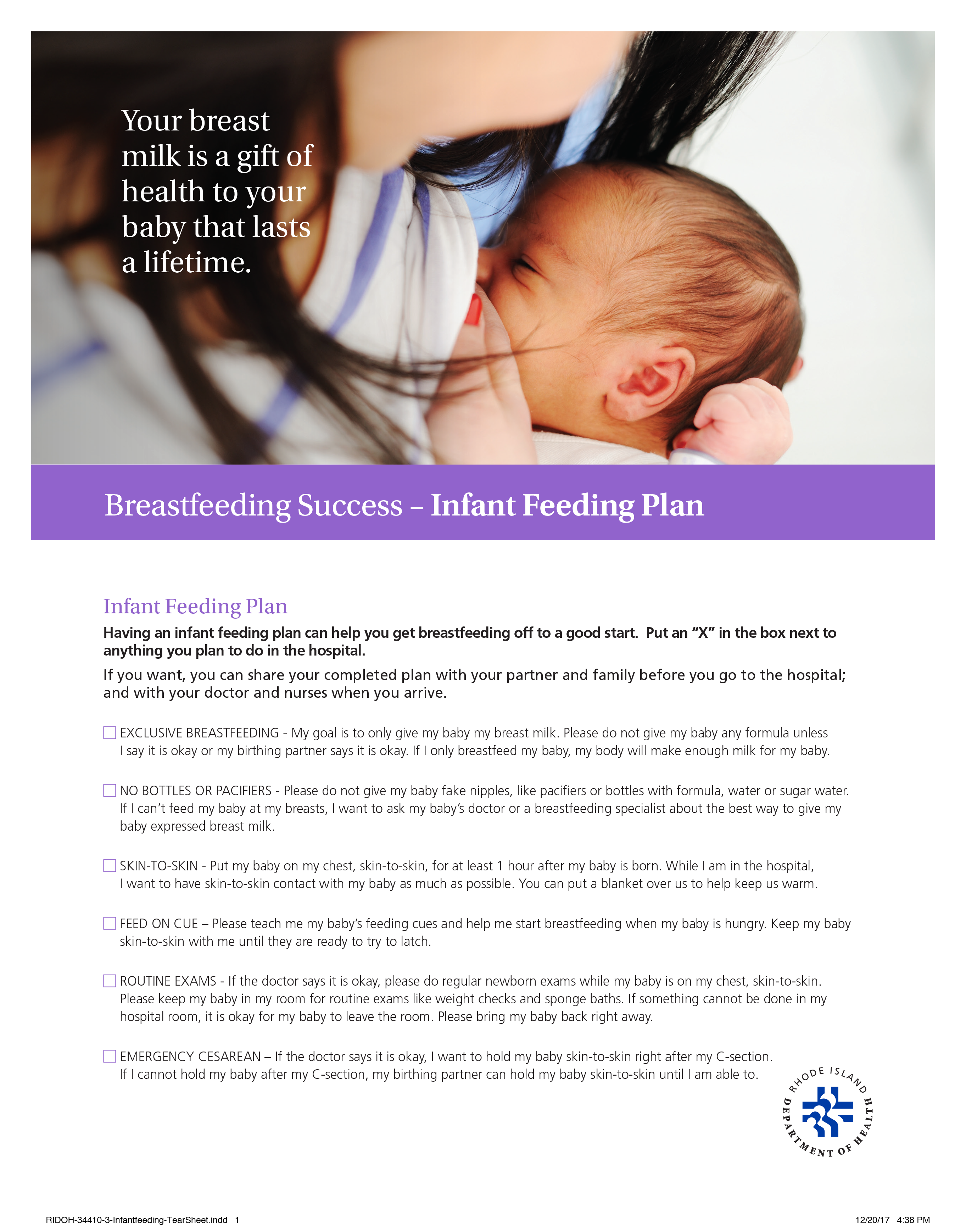 Breastfeeding Success: Infant feeding plan, tearpad