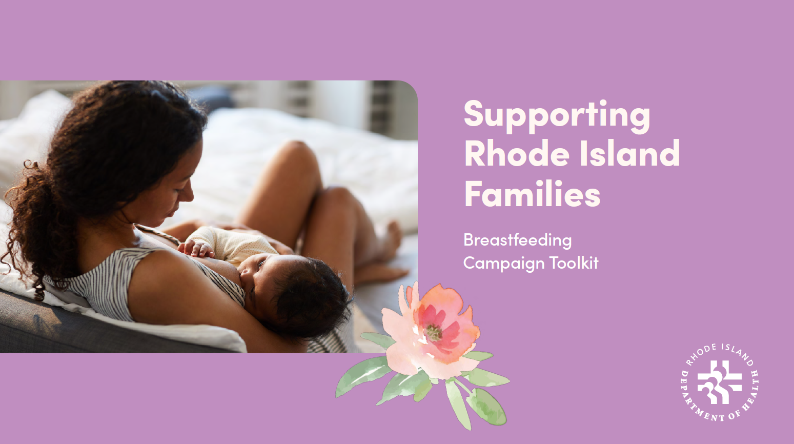 Mother breastfeeding baby, with text saying "Supporting Rhode Island Families"