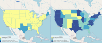 States with Indoor Tanning Restrictions for Minors from 2009 versus 2021