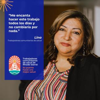 A woman looks at the camera behind a phrase in Spanish that suggest Community Health Workers are here to help.
