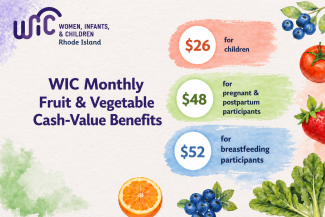 WIC monthly fruit & Vegetable cash benefits amounts, $26 for children, $48 for pregnant & postpartum participants, $52 for breastfeeding participants